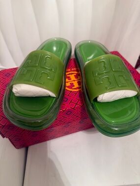 Tory Burch Olive Green Logo Jelly Slide Sandals